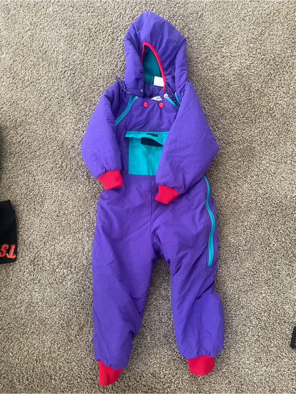 REI Purple Kids Hooded Snowsuit with Teal Lining and red Trim